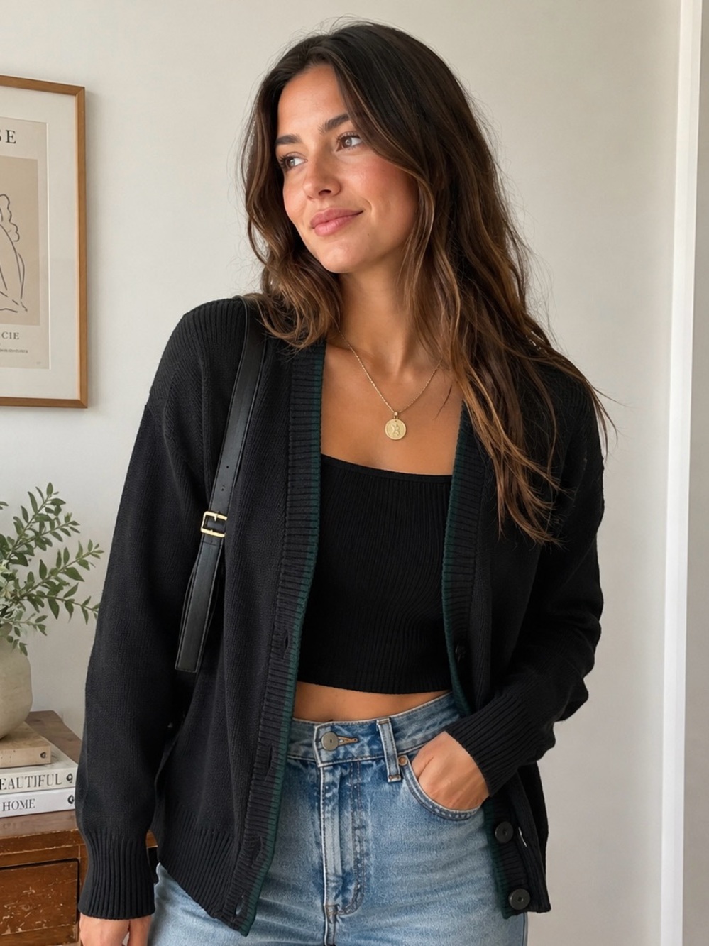 Black Wool Blend Women's Cardigan Sweater Green Trim
